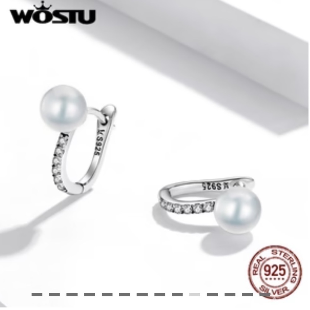 Wostu 925 Sterling Silver, Cultured Pearl and Clear Zircon Earrings - Picture 2 of 9
